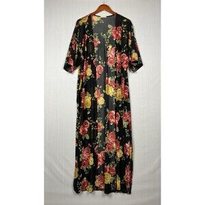 Mirabilia Sheer Black Floral Longline Duster Dramatic Boho Side Slits USA Made L